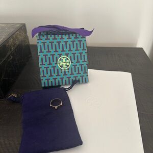 Tory Burch Gold Ring with Navy Pouch and Patterned Gift Bag